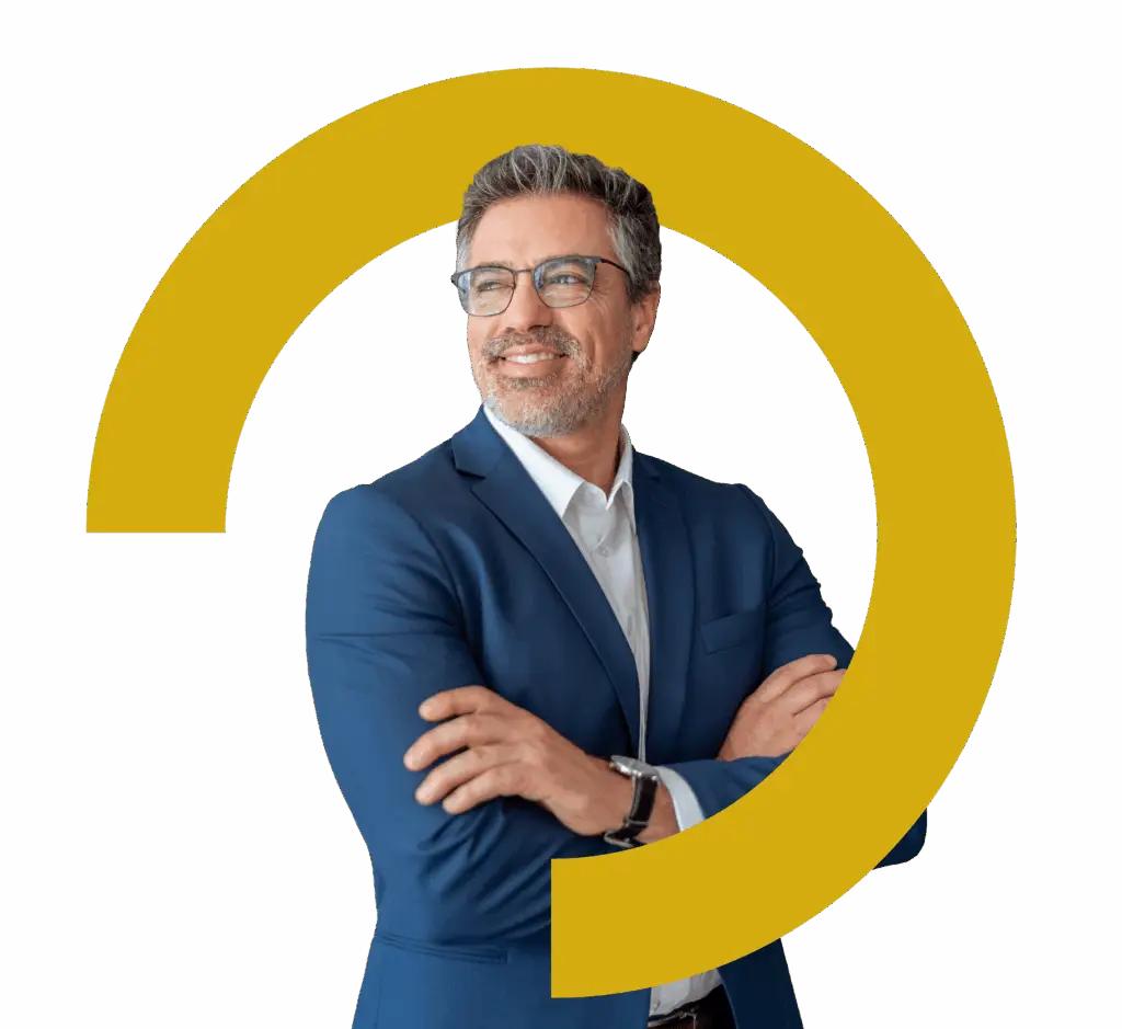 Smiling business man with arms crossed surrounded by OR Leadership branding.