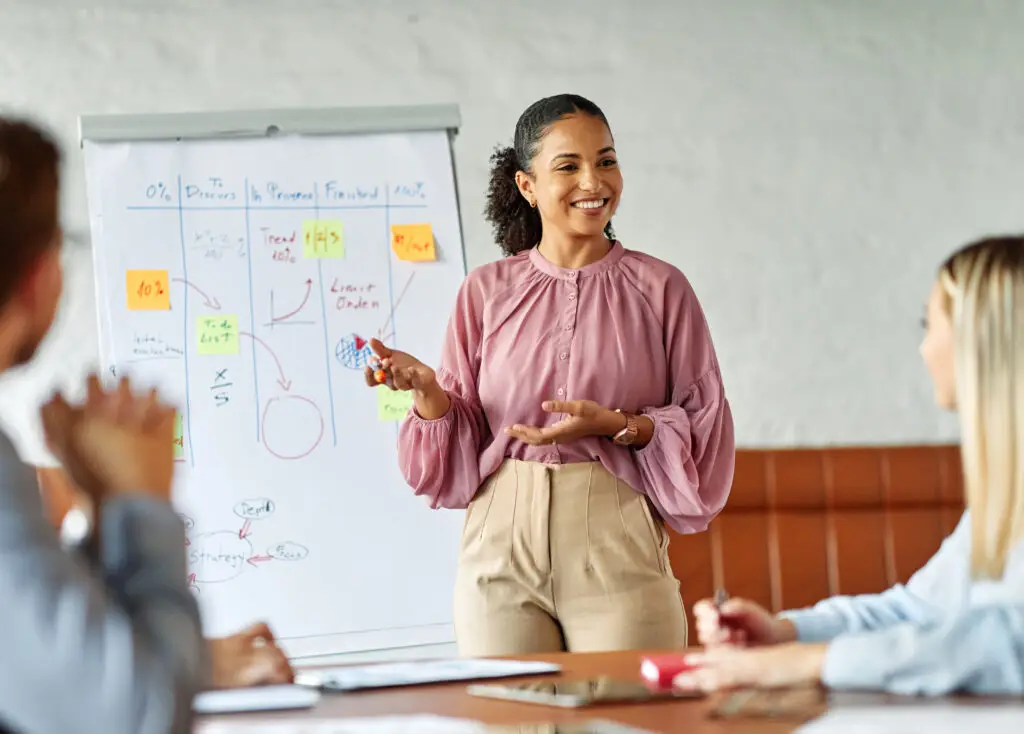 Group of young business people having a meeting or presentation and seminar with whiteboard in the office. Portrait of a young businesswoman leader